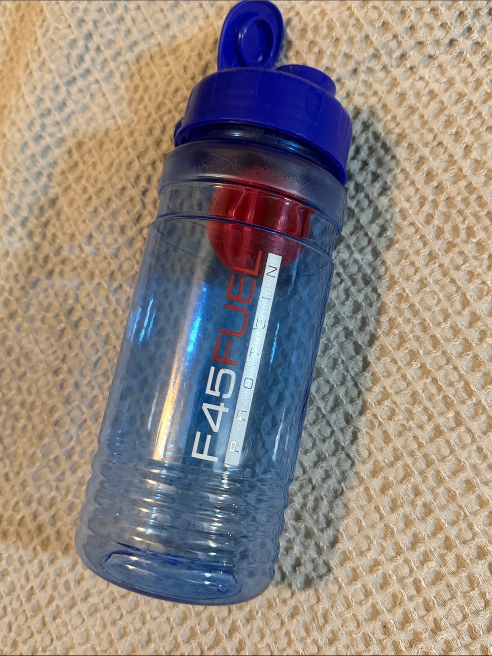 F45 FUEL Blue Sports Shaker Bottle with Red Mixing Ball